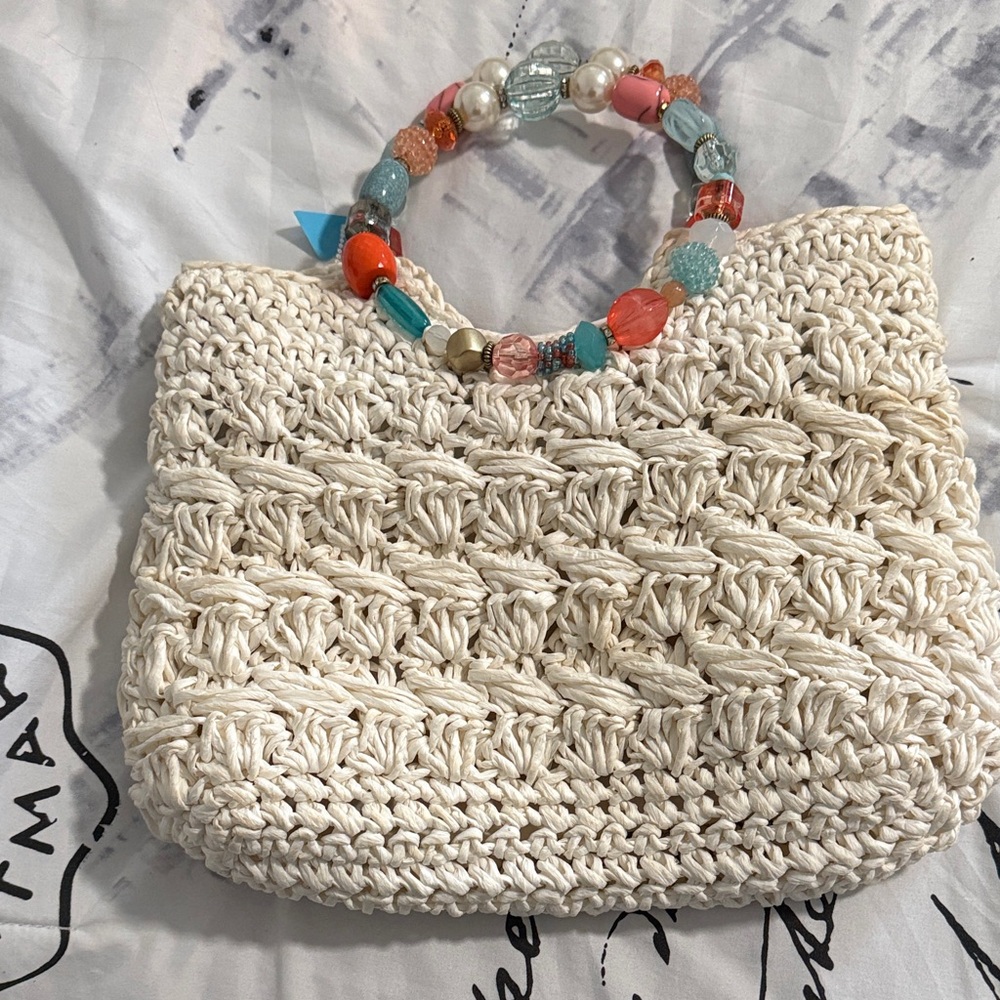 Handcrafted Cream Crochet Bag with Beaded Handle